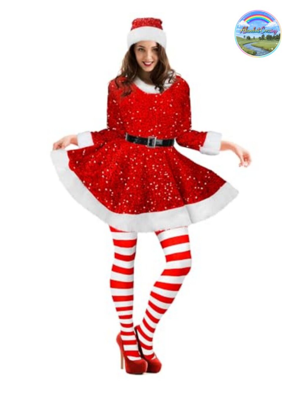Santa Claus Costume Dress Tights Hat Set Slim Fit Christmas Holiday Outfit
